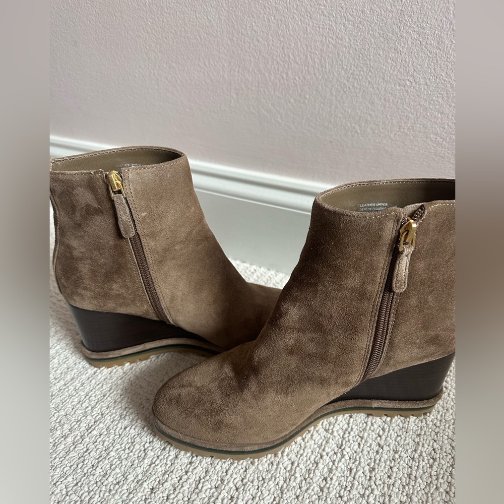 Tory Burch suede wedge boots in River Rock.
